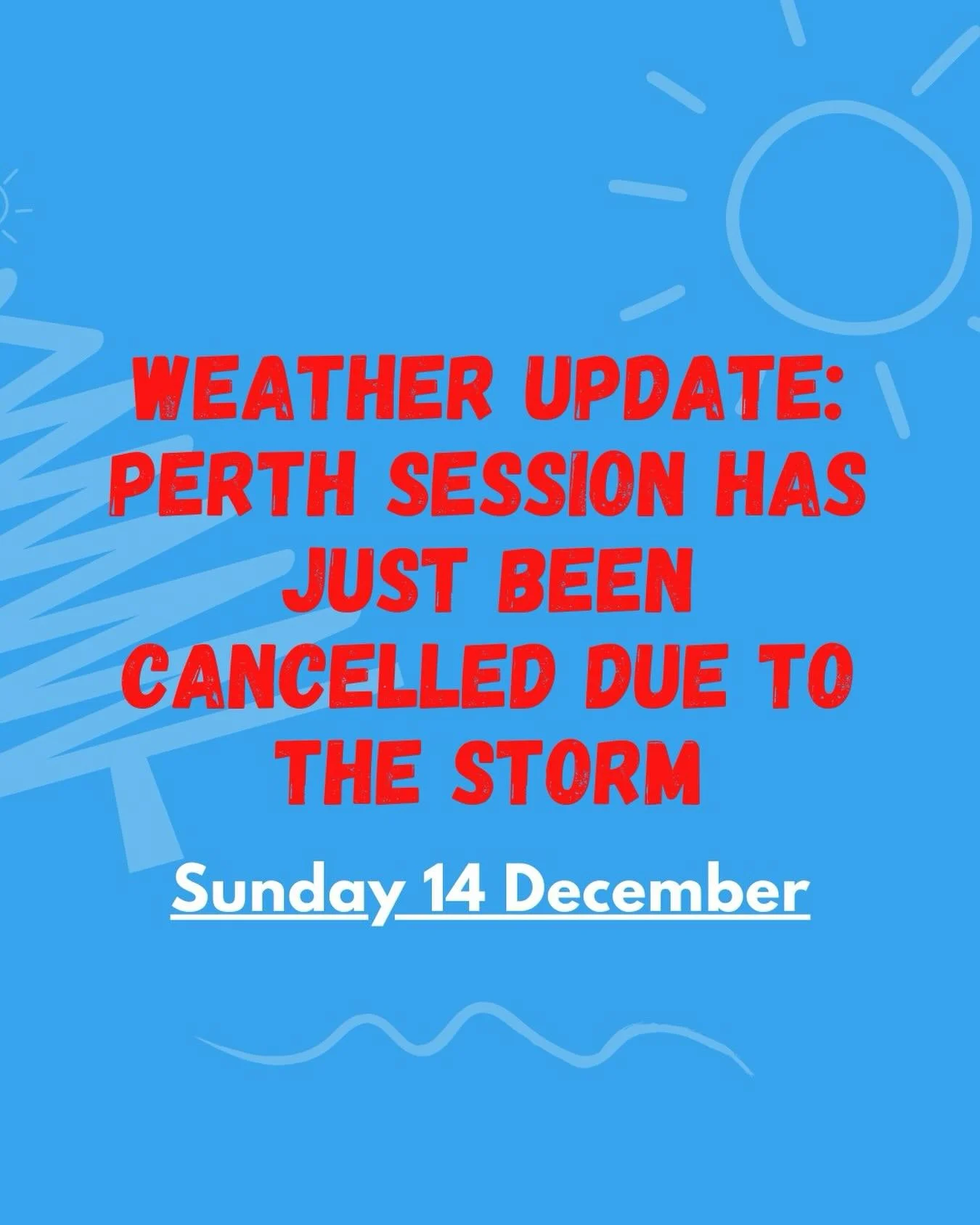 Due to the lightening and thunder, we have unfortunately had to CANCEL the rest of our sessions in Rockingham, WA this afternoon. 

We will email an update later tonight with more info, and will provide a full refund. We are so sorry!