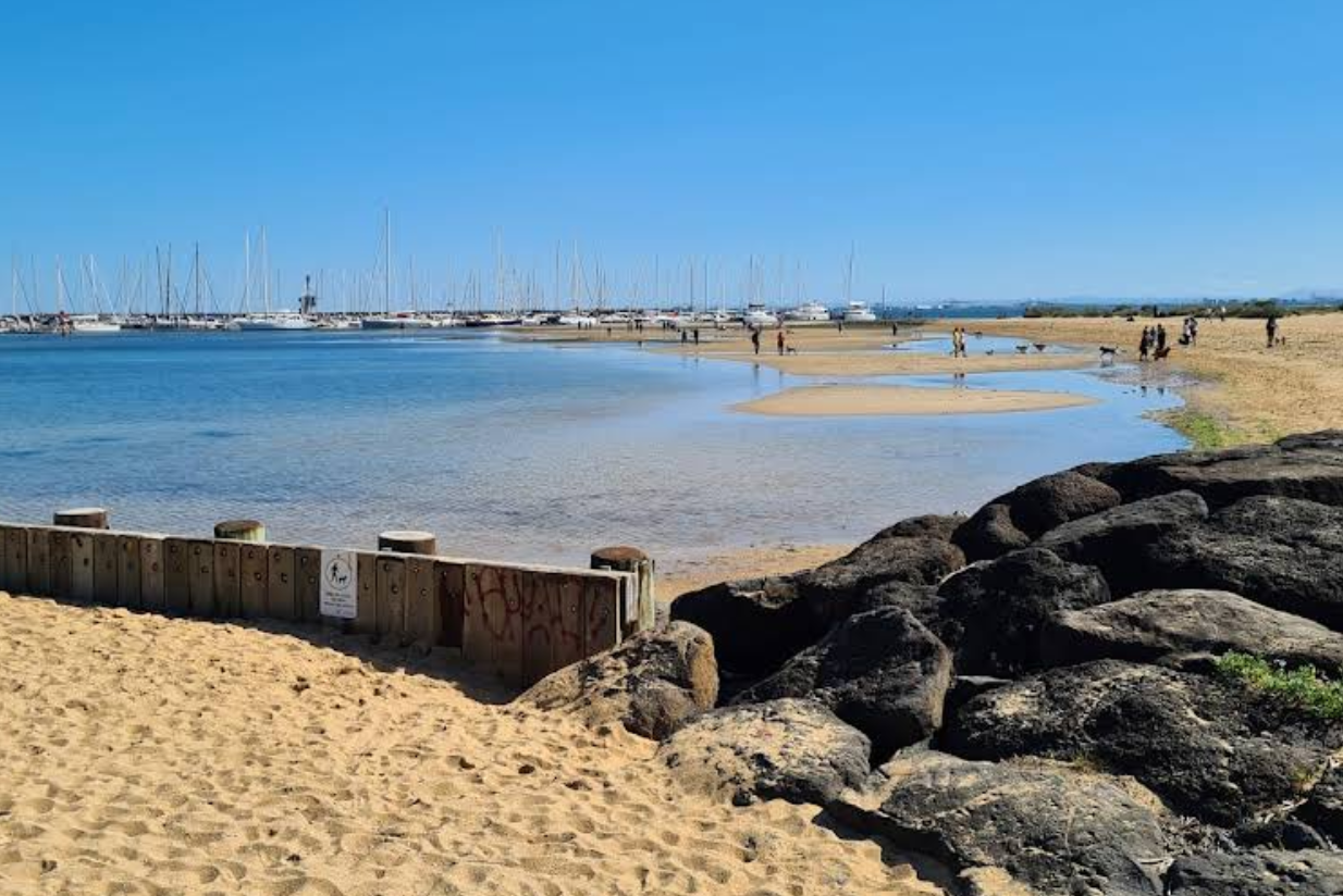Sandy beach with large rocks in the foreground, calm water, and boats docked at a marina in the background under a clear blue sky, with people walking along the shoreline.