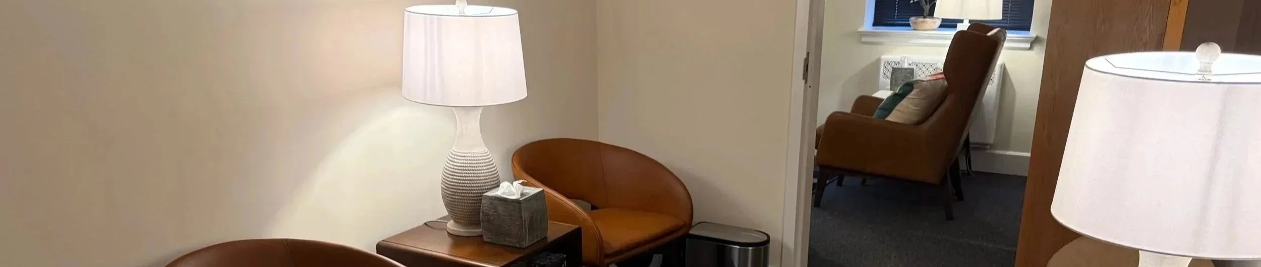 Therapy-focused psychiatry in New Haven: Waiting room with view into talk therapy room