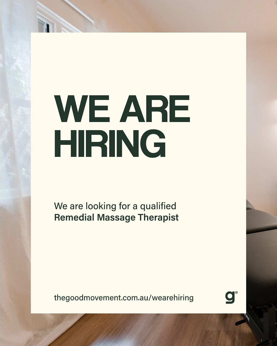 WE ARE HIRING 📣
Remedial Massage Therapist (Qualified)

We&rsquo;re looking for someone who is passionate about health care and well-being. Someone who wants to be part of our growing community and join The Good Movement

If this sounds like you, ap