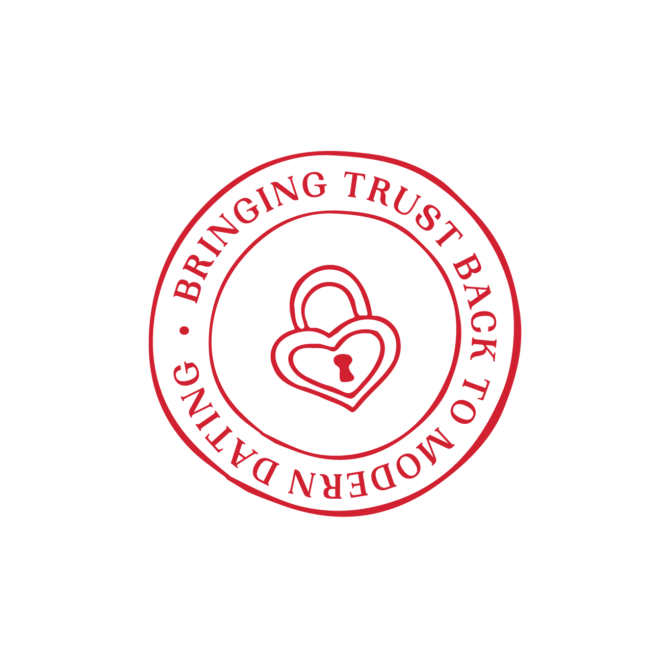 Red circular emblem with a heart-shaped lock in the center and the text 'BRINGING TRUST BACK TO MODERN DEMANDING' around the circle.