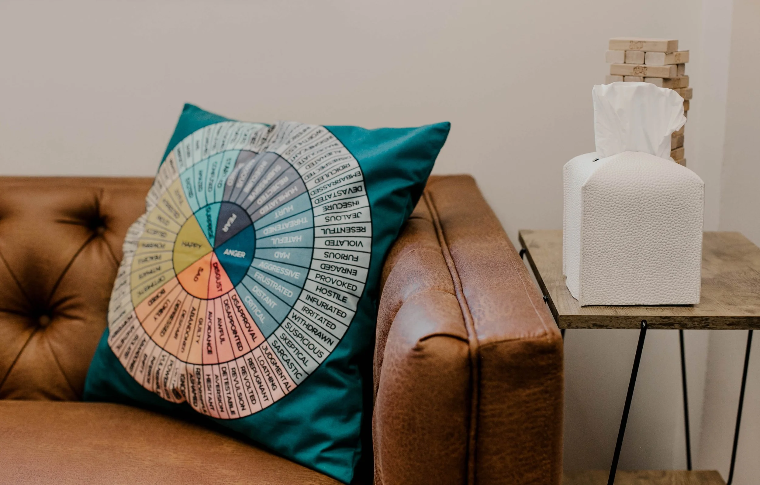 Decorative pillow on a brown leather couch featuring a colorful emotional wheel chart. A white tissue box is on a wooden side table next to a stack of wooden blocks, in a cozy living room setting.