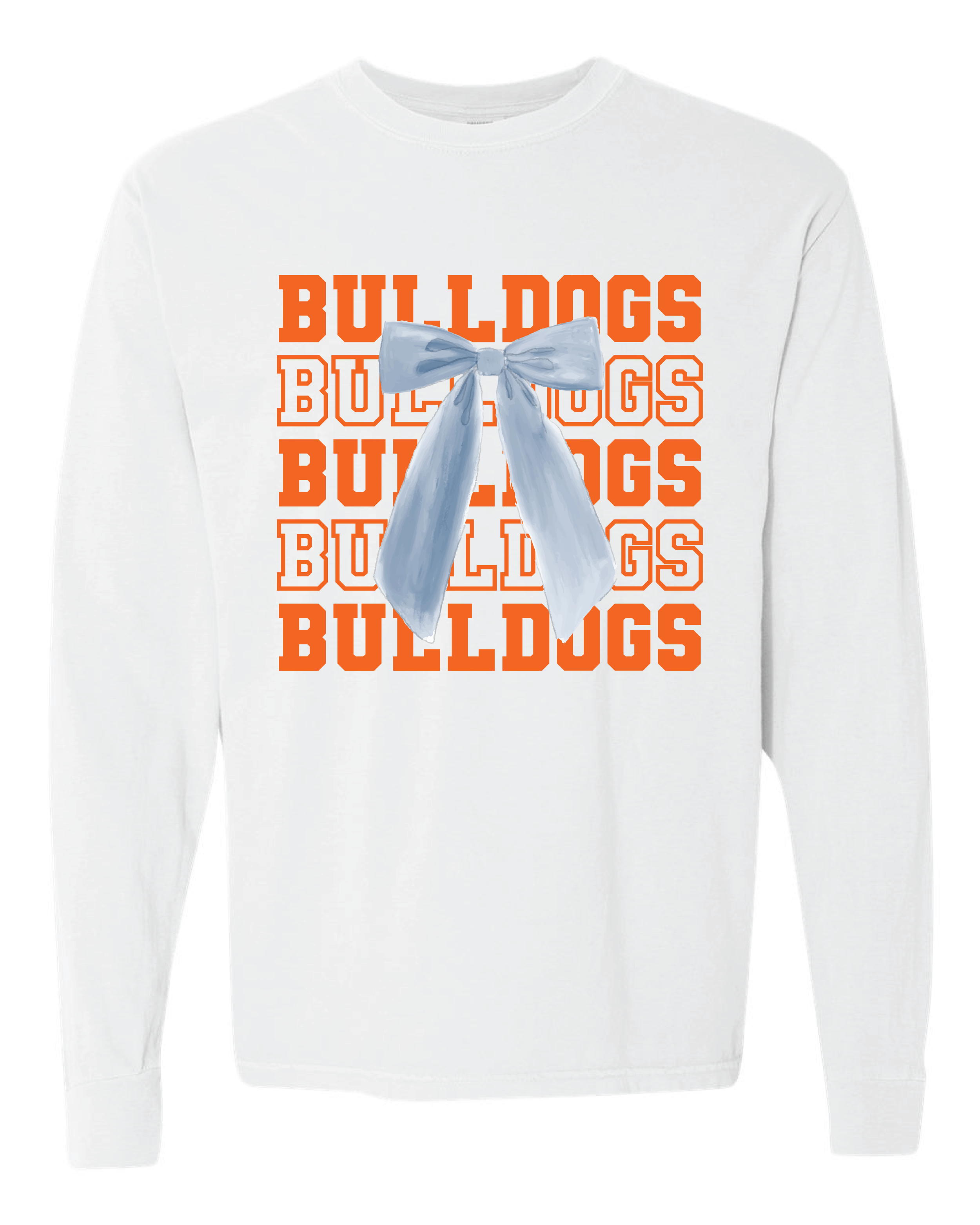 white sweatshirt with the Bulldogs and bow design