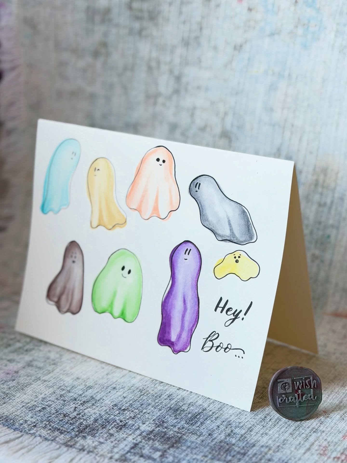 A #HappyMail card I made during the art bar portion of my last workshop, following a tutorial I watched the night before from @thehappyevercrafter. 
.
October passed so fast, and I didn&rsquo;t get to use my spooky art supplies (stamps, stencils, die