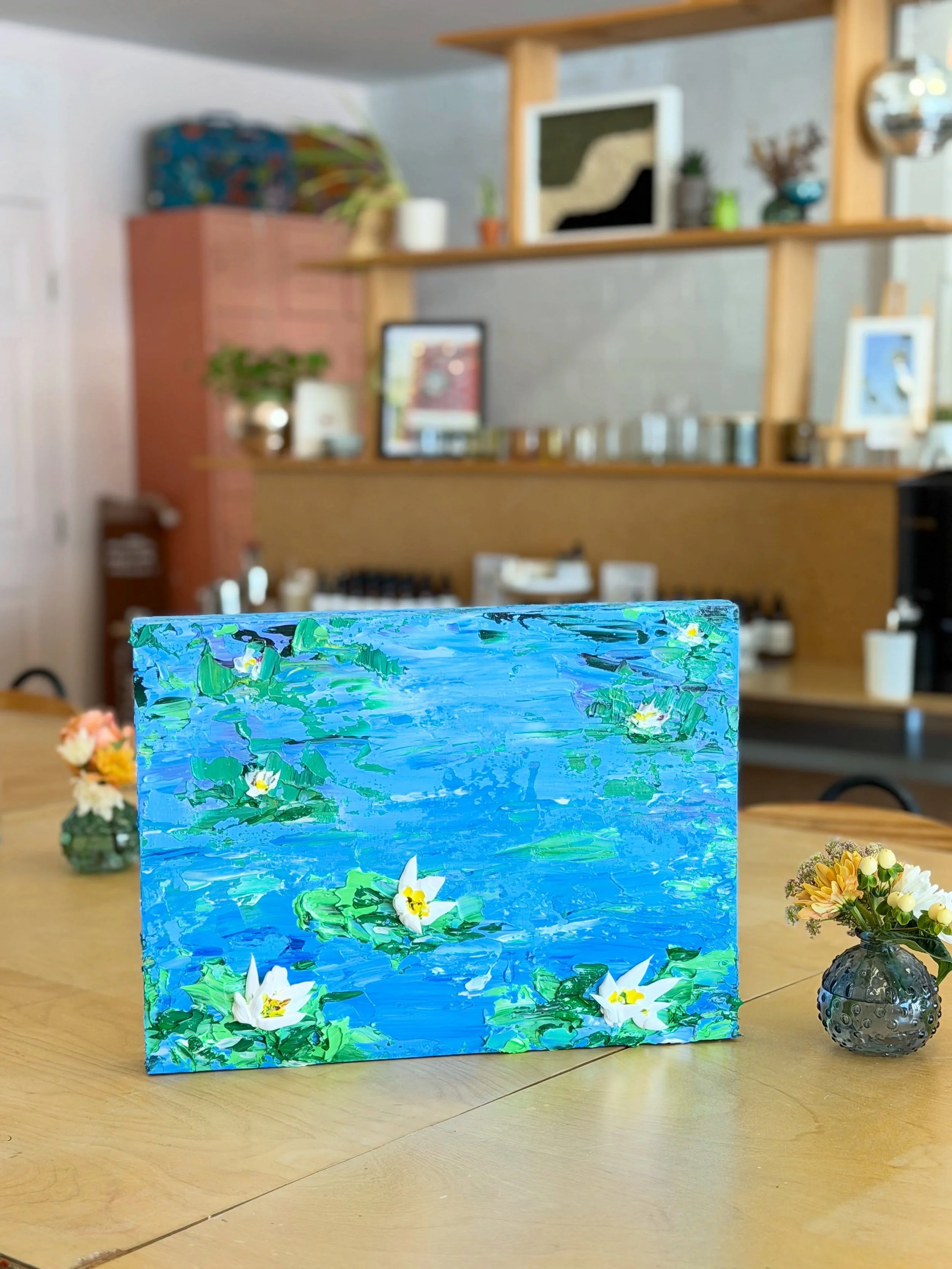 My first texture painting of #MonetWaterLilies, following @gaffreyartmaterial&rsquo;s tutorial. 🎨

I liked seeing other people do the canvas reveal, and I wanted to do one so badly. But now I feel cringe looking at my own video. 😬

I&rsquo;ll see i