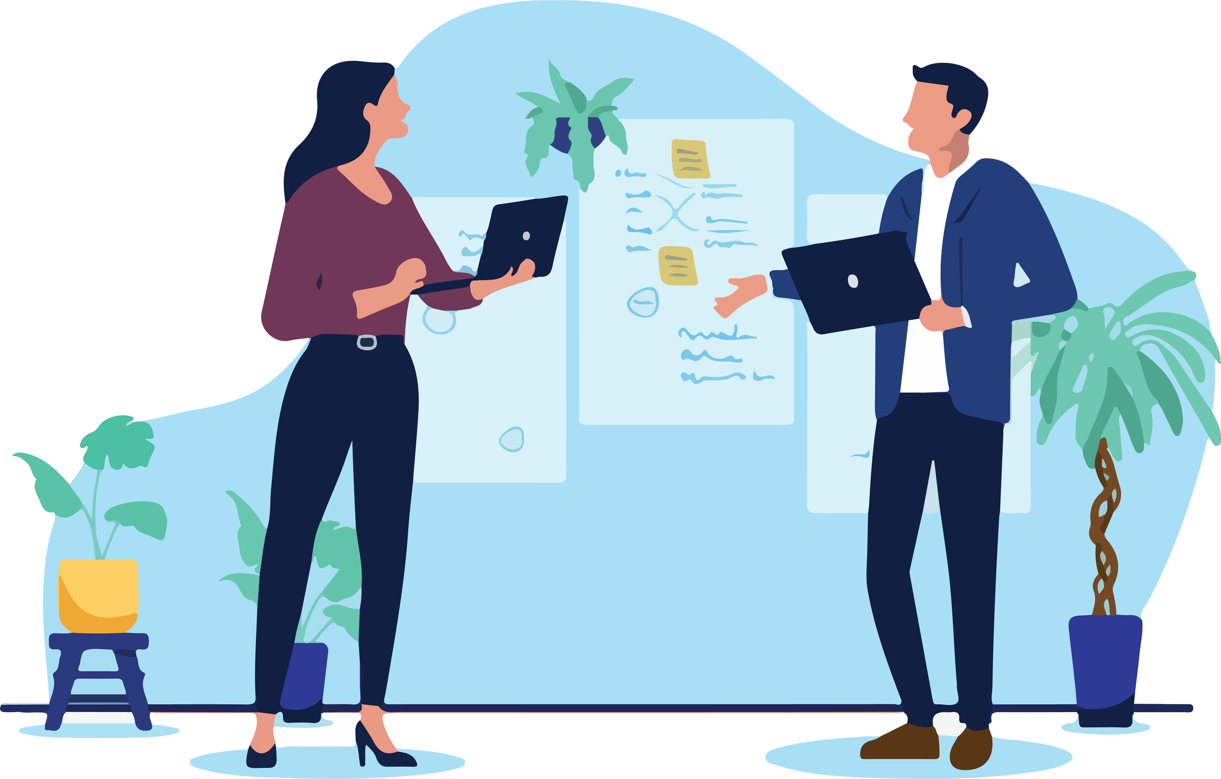 Two professionals, a woman and a man, are standing and talking in an office. They are holding laptops, and there is a whiteboard with diagrams and notes behind them. The office has potted plants and a blue background.