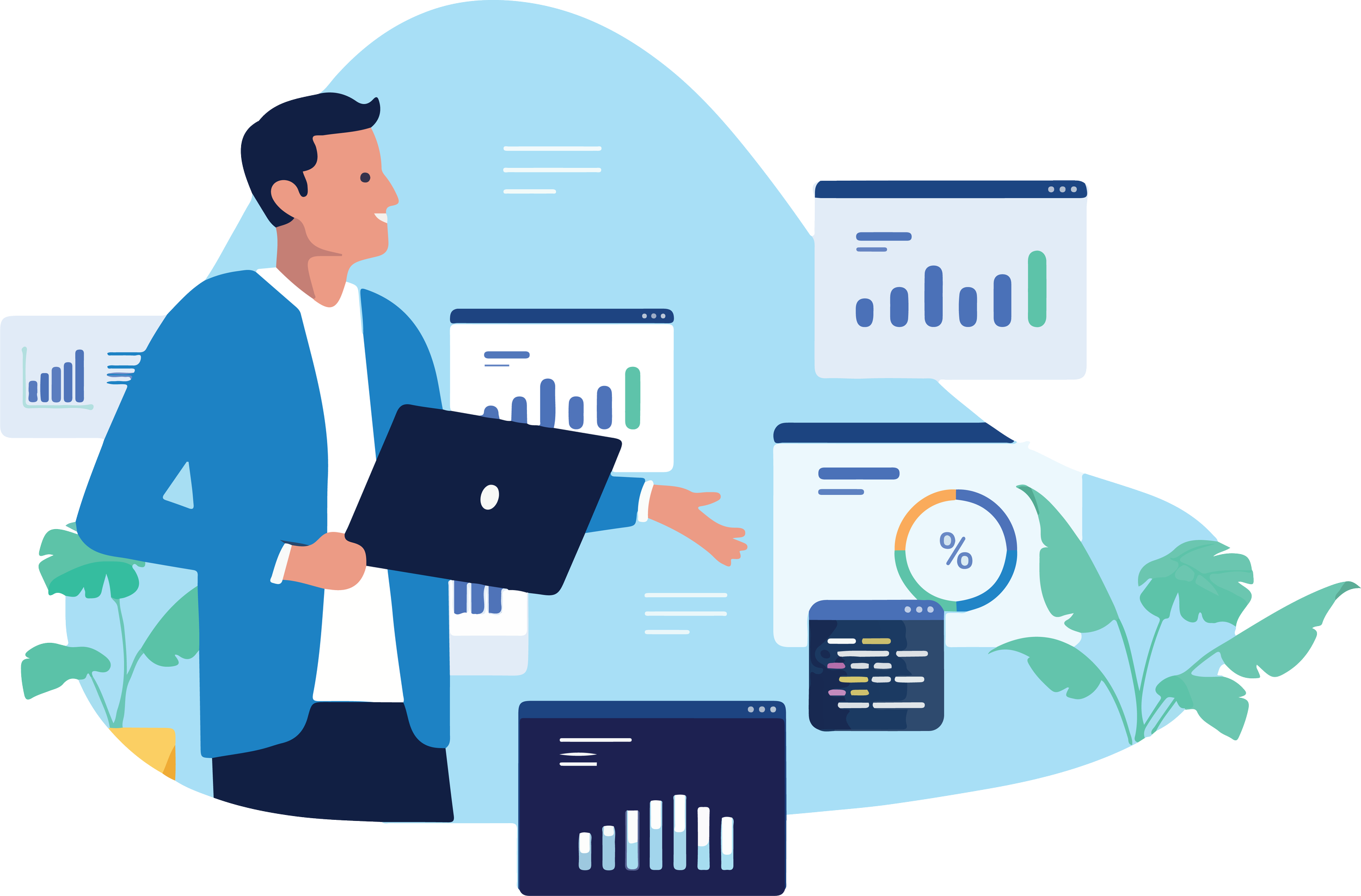 Illustration of a man holding a laptop, surrounded by various digital windows displaying charts, graphs, and data analytics.