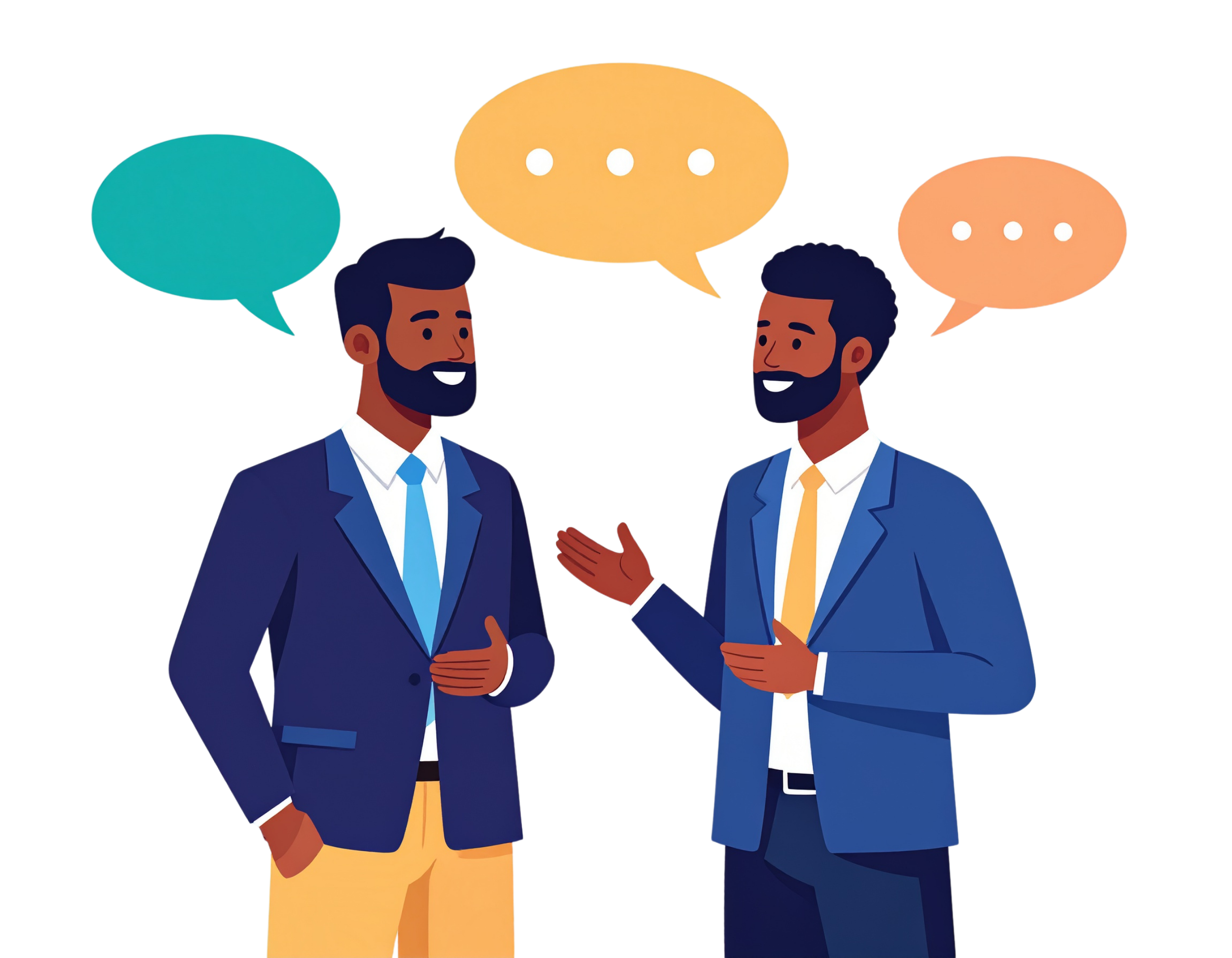 Two men in suits having a conversation, with speech bubbles above their heads.