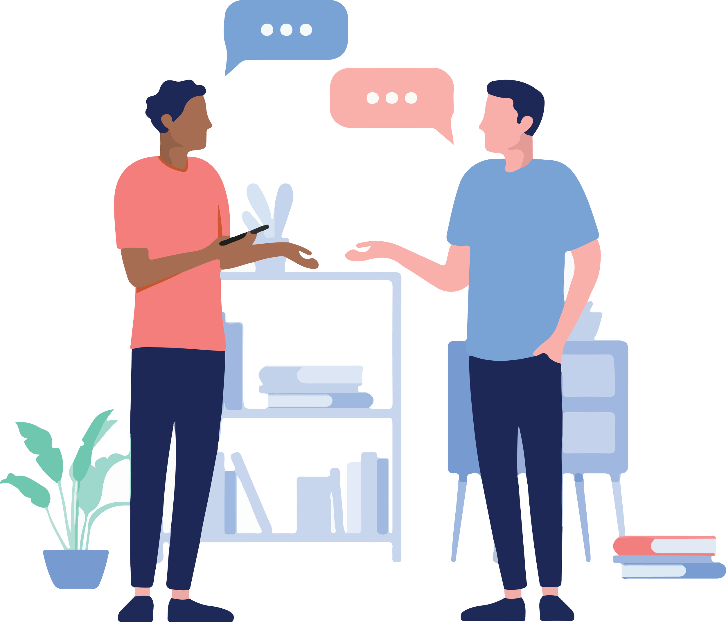 Two people having a conversation in a room. One person is holding a phone, and they are talking.