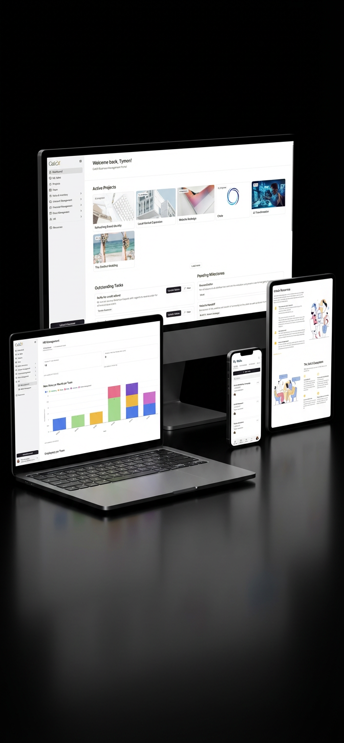 Multiple electronic devices on a black desk showing business or project management software, including a desktop monitor, a laptop, a tablet, and a smartphone.