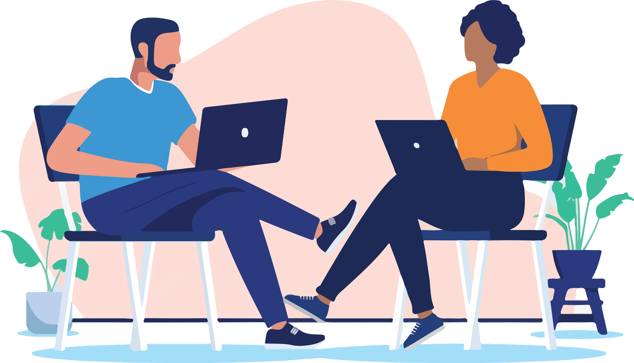 Two people sitting on chairs with laptops, engaging in conversation in a casual office or meeting setting, with potted plants nearby.