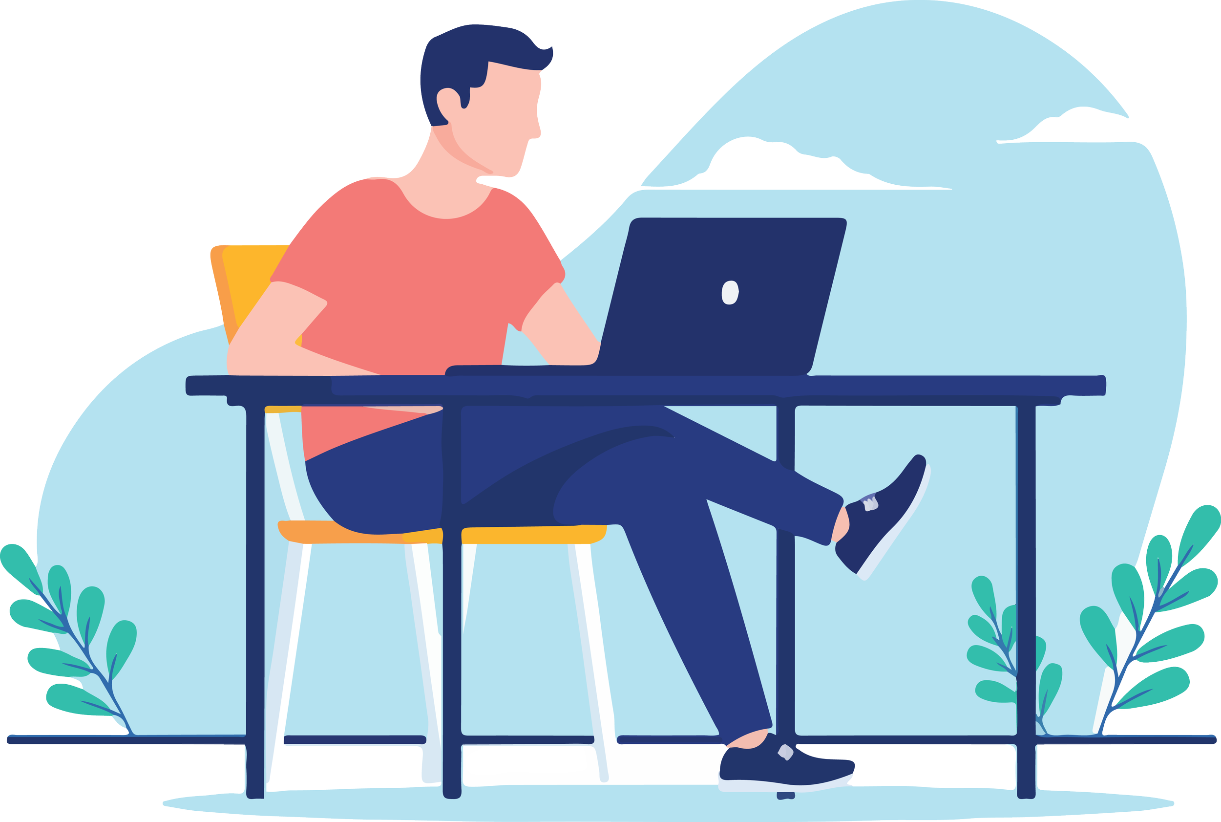 A person sitting at a desk with a laptop, outdoors in front of a window with clouds and trees visible.