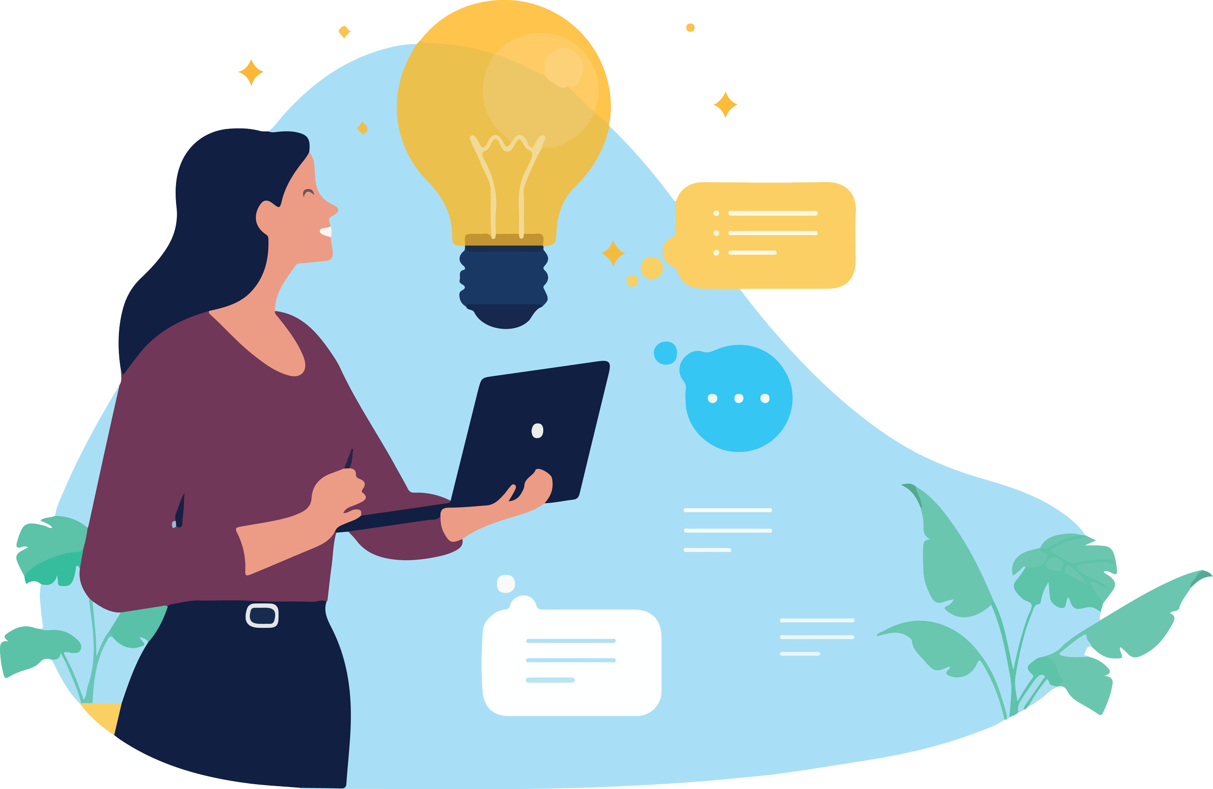 A woman holding a tablet, smiling, with a large lightbulb above her head indicating an idea, surrounded by speech bubbles and plants.