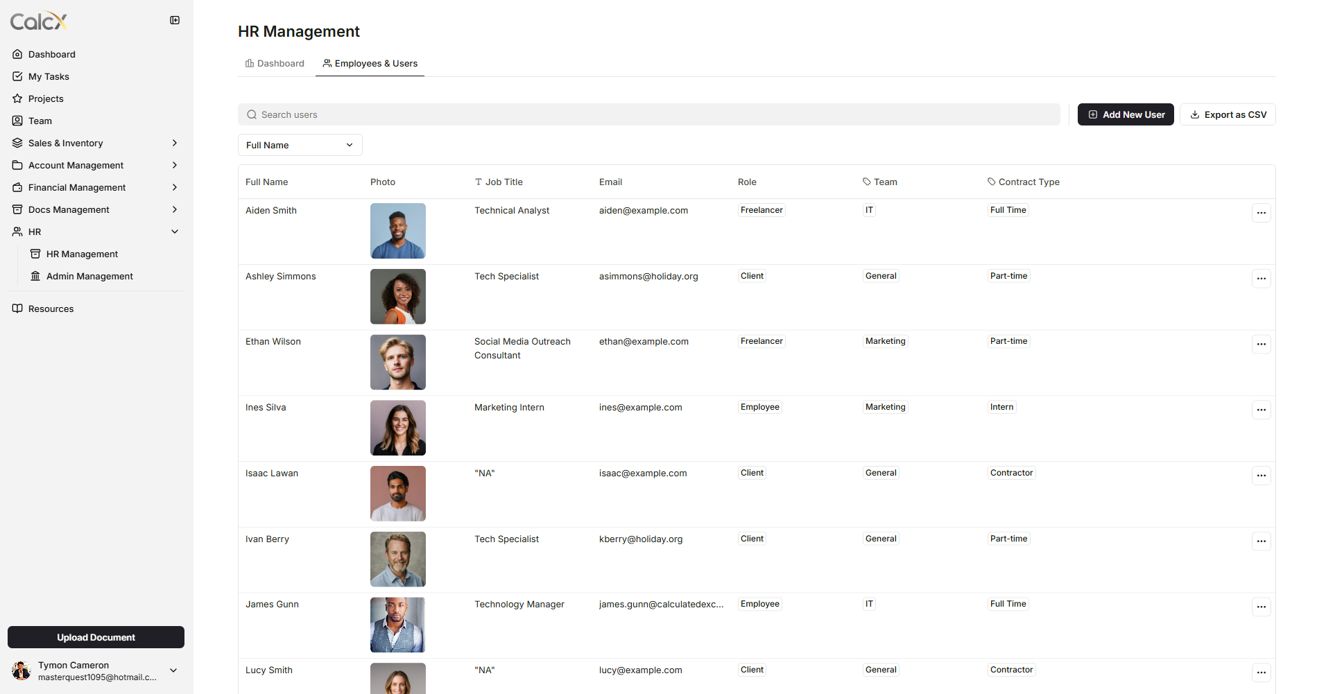 HR management dashboard showing a list of employees with their photos, names, job titles, emails, roles, teams, and contract types, along with options to add new users and export data.