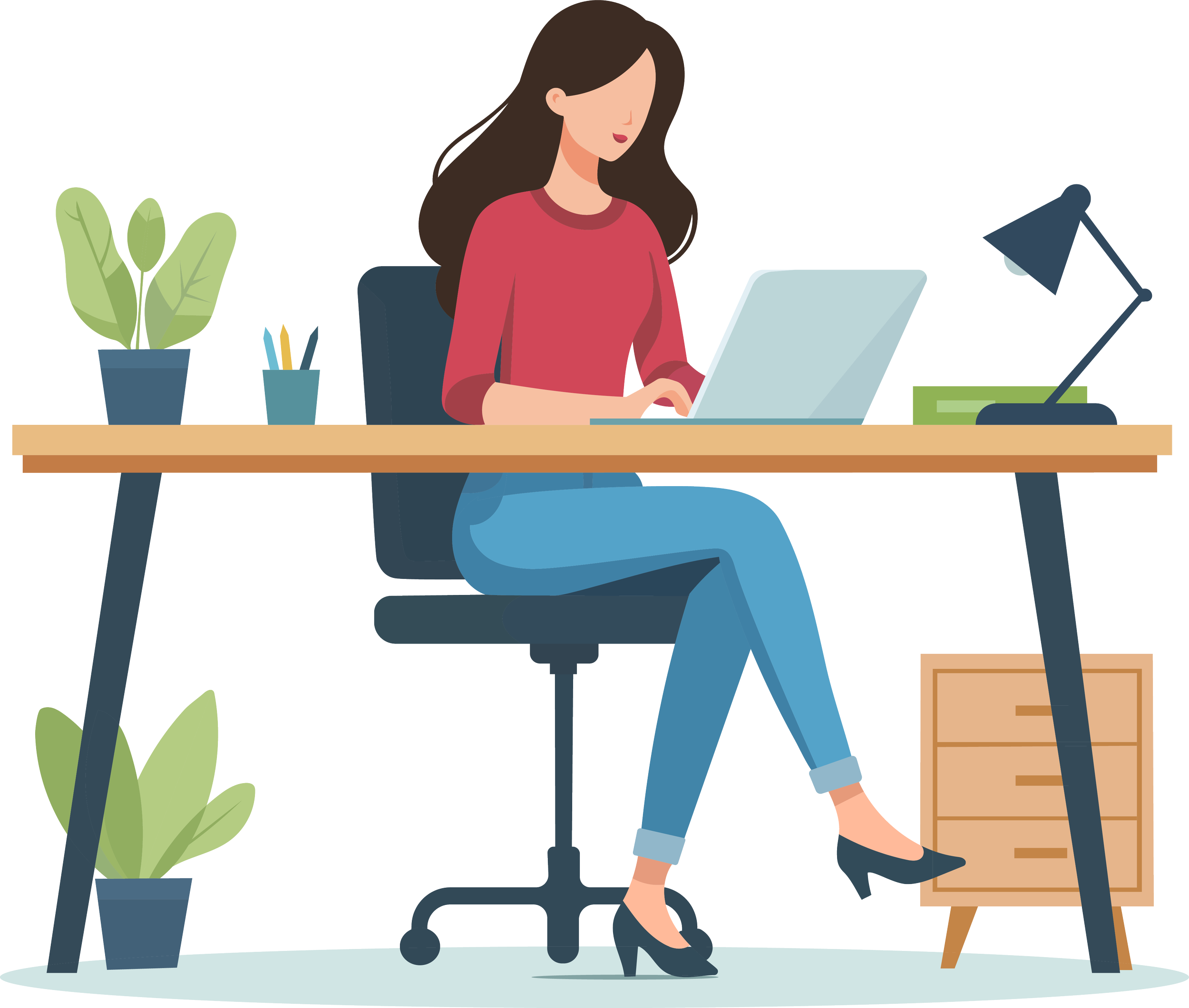 Illustration of a woman sitting at a desk working on a laptop, surrounded by a potted plant, pens, and a desk lamp.