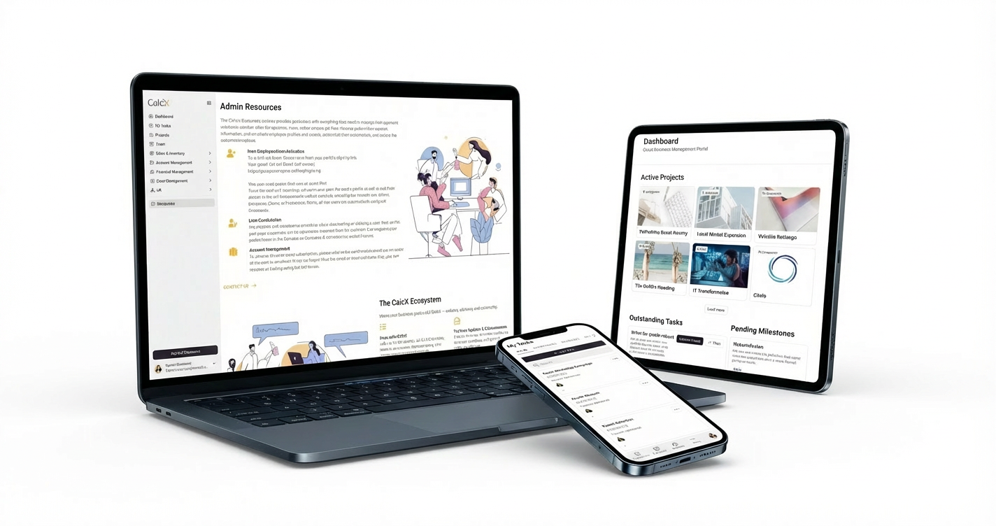 Three electronic devices: a laptop, tablet, and smartphone, all displaying different digital interfaces, arranged on a white surface against a plain white background.