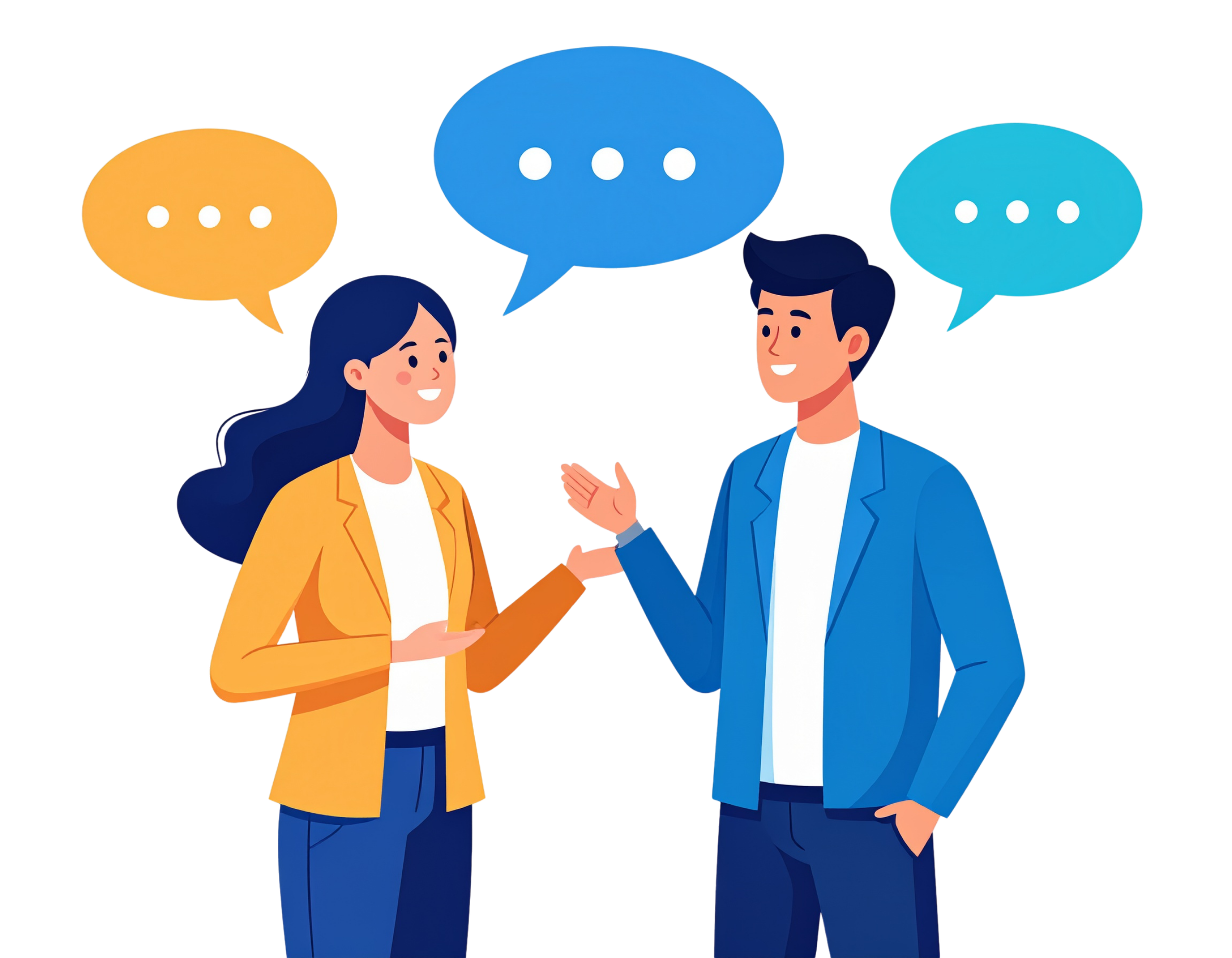 Illustration of a man and woman conversing, with speech bubbles above them indicating dialogue.