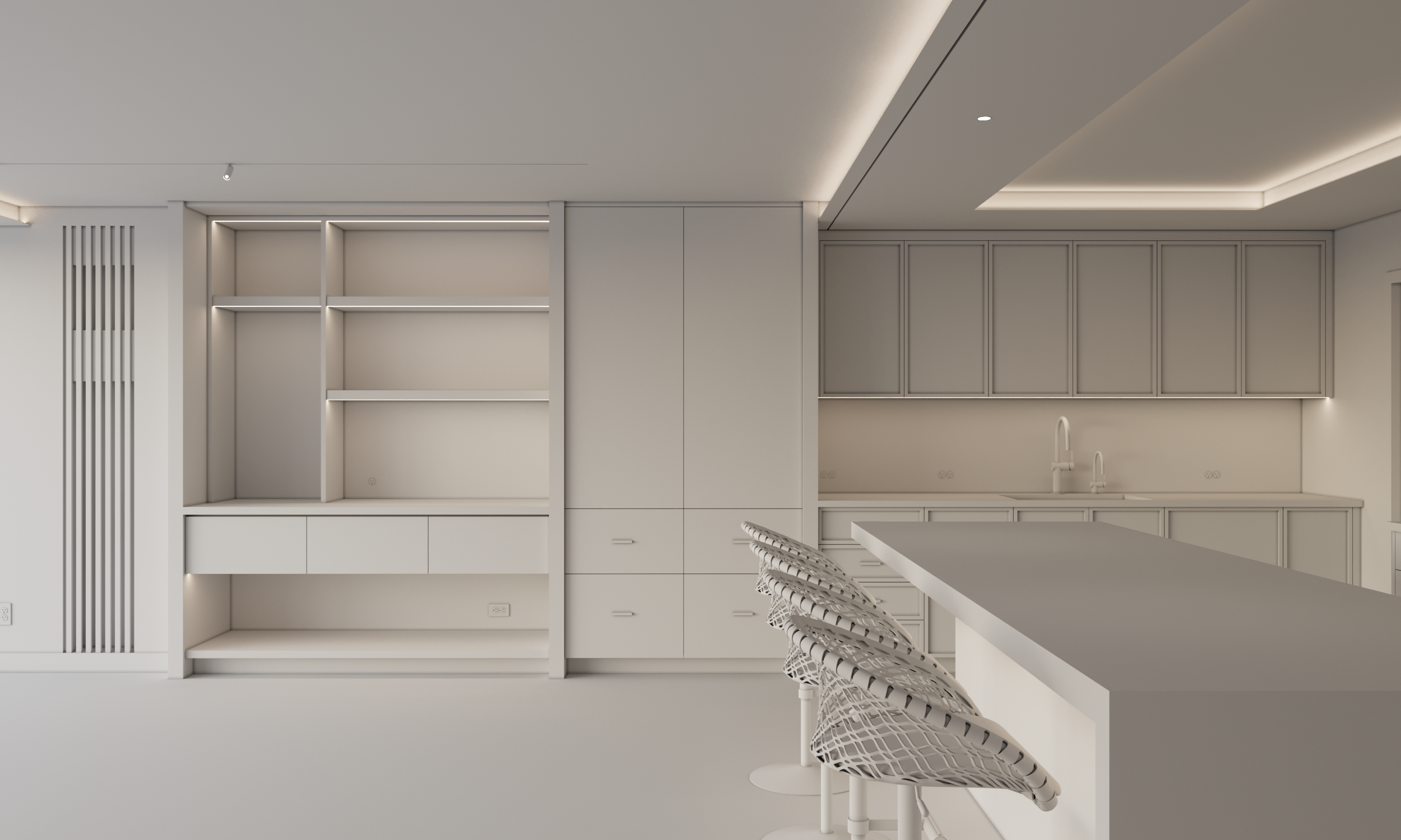 White model rendering of a kitchen and built-in workspace highlighting integrated cabinetry, open shelving, and a streamlined island. Simplified forms and recessed lighting emphasize proportion, circulation, and functional layout. This conceptual stu