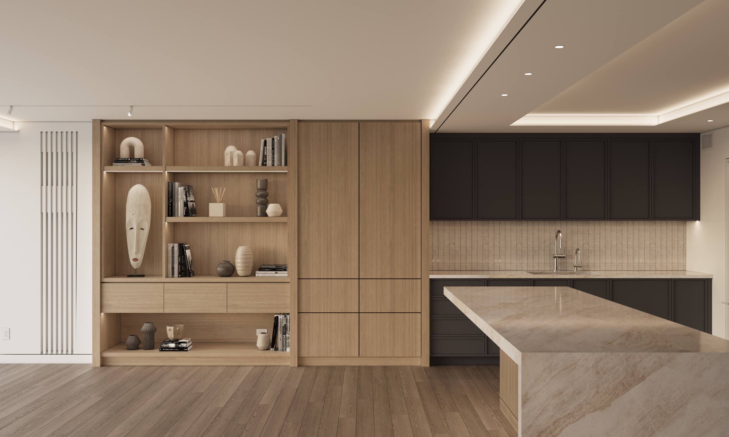 Kitchen and living concept rendering featuring custom wood shelving, integrated storage, and a large stone waterfall island. Matte black cabinetry contrasts with warm wood millwork, while open shelving and built-ins create rhythm and visual balance. 