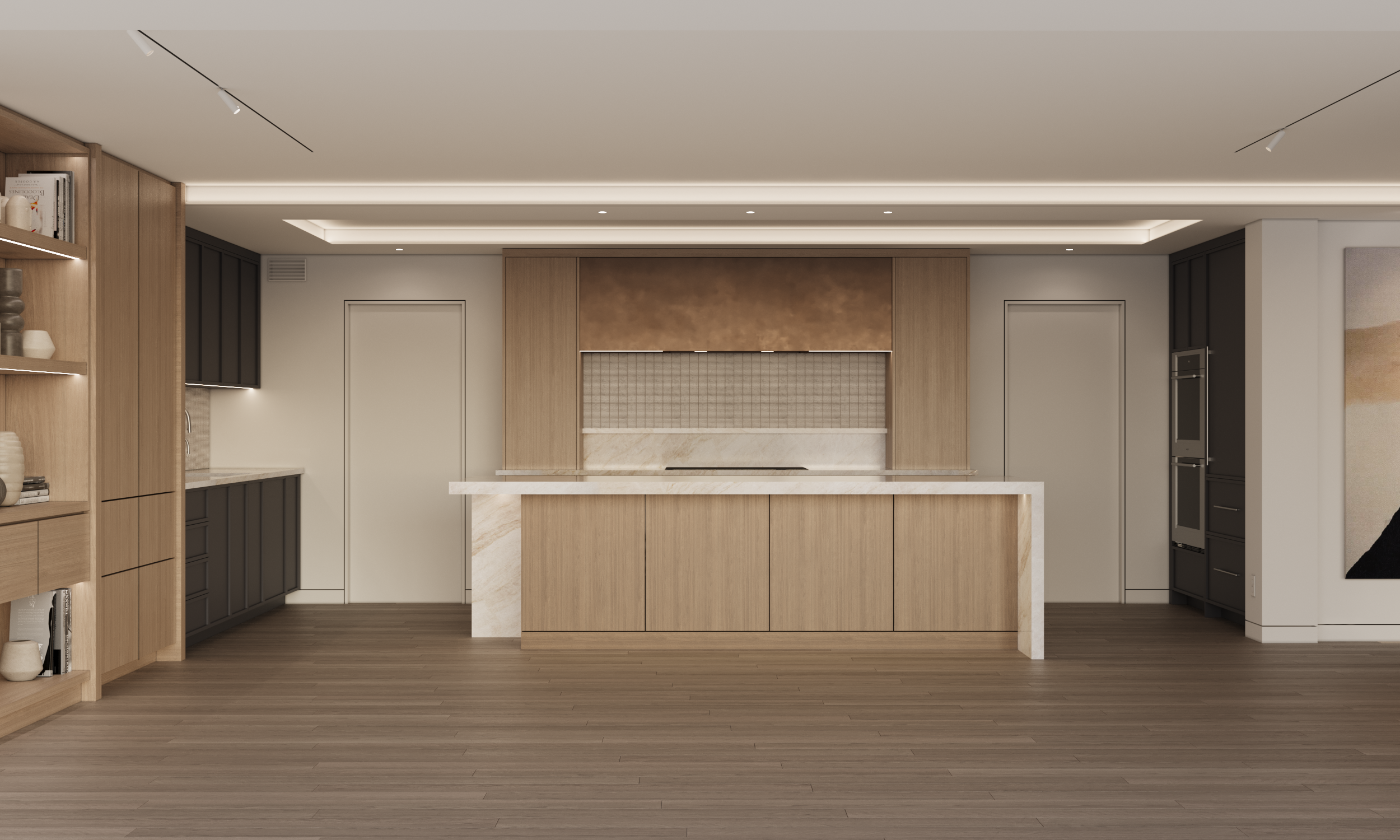Kitchen concept rendering featuring a symmetrical island, integrated wood millwork, and a sculptural range wall framed in warm materials. Recessed lighting and clean ceiling planes emphasize proportion and spatial clarity, while the restrained palett