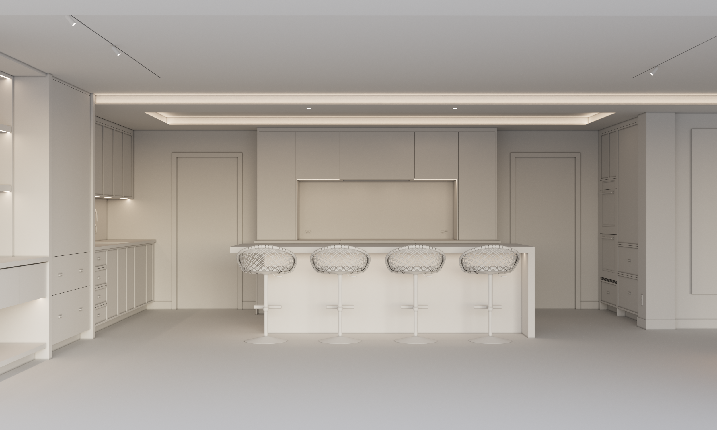 White model rendering of a kitchen interior featuring a central island with seating, integrated cabinetry, and recessed ceiling lighting. Simplified geometry and neutral surfaces emphasize symmetry, circulation, and spatial proportion. This conceptua