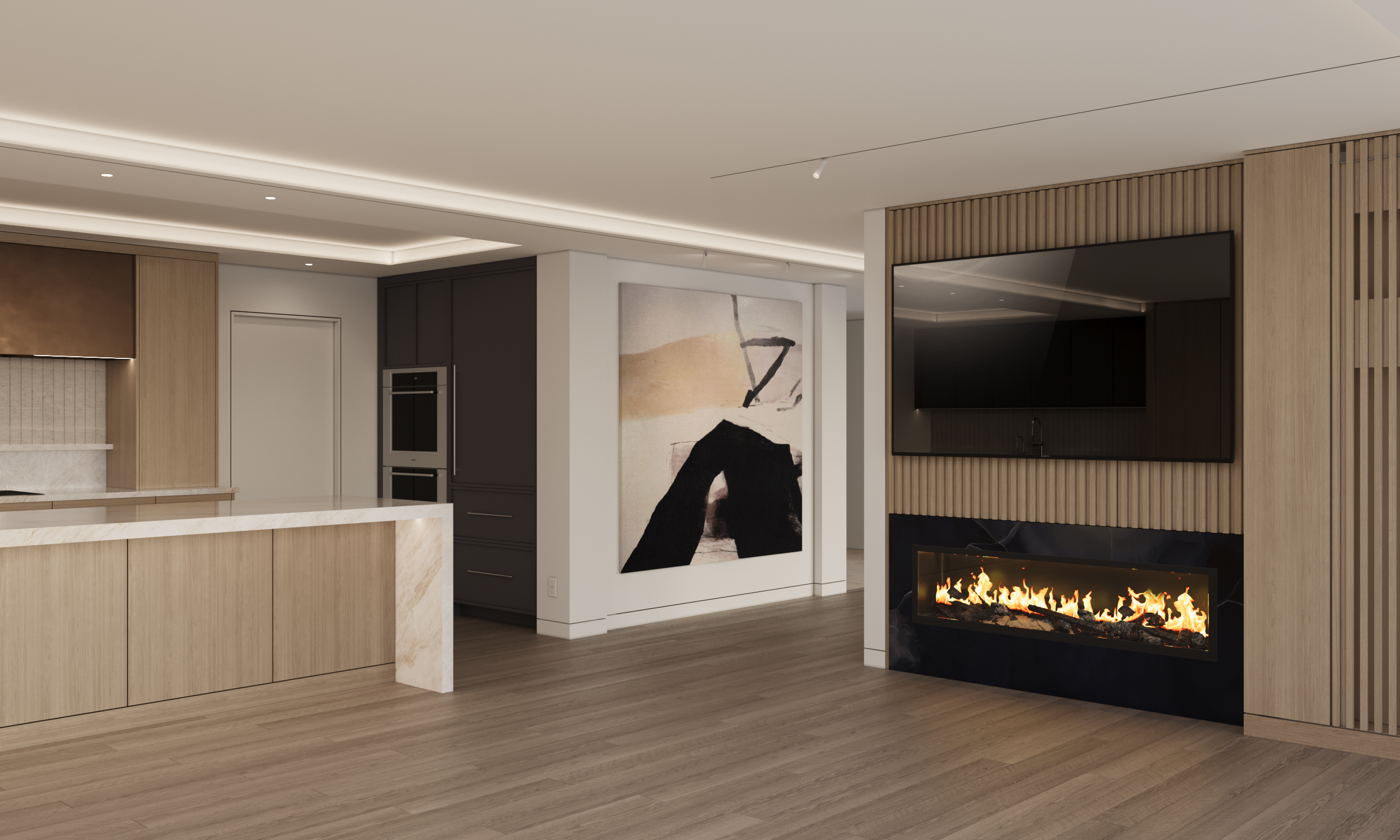 Open-plan kitchen and living concept rendering featuring a sculptural stone island, integrated wood millwork, and a linear fireplace set within a slatted feature wall. Matte black cabinetry, warm wood tones, and recessed lighting establish visual bal