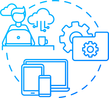 Illustration of a person working on a laptop with clouds, a gear icon, and electronic devices like a tablet and smartphone, representing technology and cloud computing.