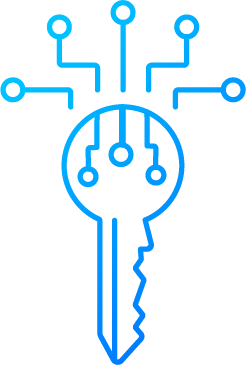 A digital illustration of a key with lines resembling electronic circuitry emerging from the top, symbolizing technology or cybersecurity.