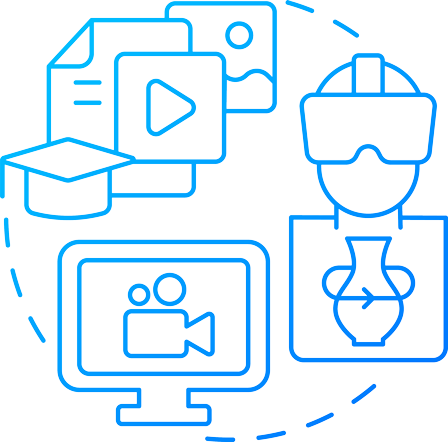 Line drawing of various digital media icons, including a video player, a graduation cap, a person with virtual reality goggles, a computer monitor with a video camera, a vase, and abstract shapes, arranged in a circular pattern.