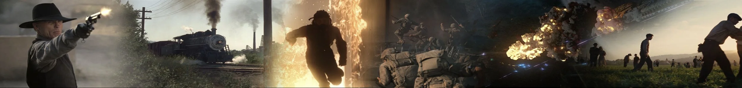 A collage of scenes from war or action movies, including a woman with a gun, a steam locomotive, a person running through flames, soldiers in combat, an explosion, and a group of people in a field.