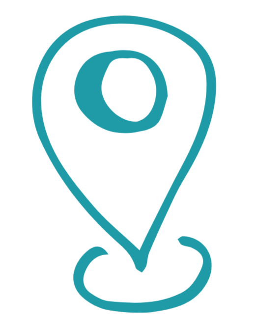 Icon of a location pin, outlined in blue on a black background.