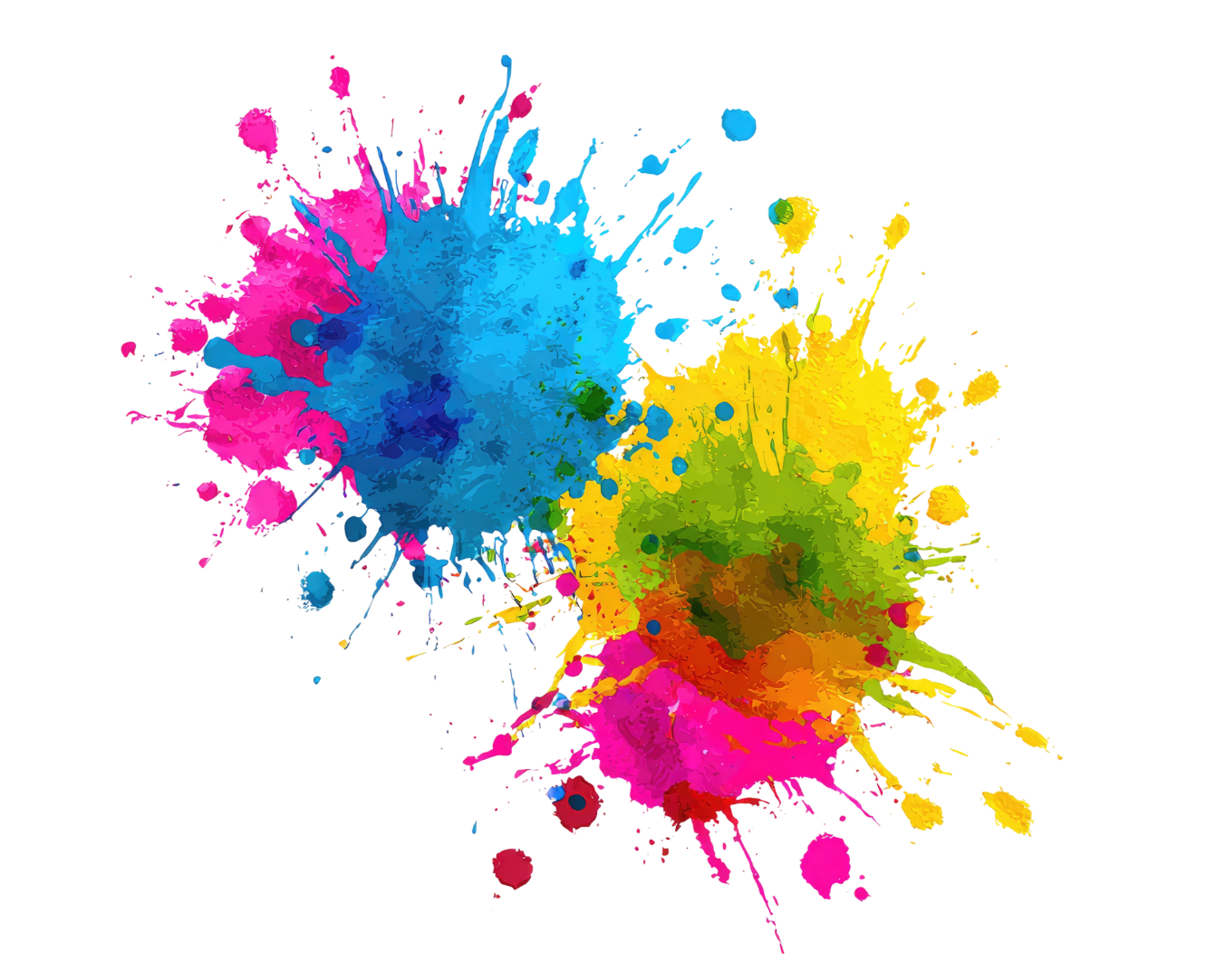 Multiple colorful paint splashes in pink, blue, yellow, green, orange, and purple.