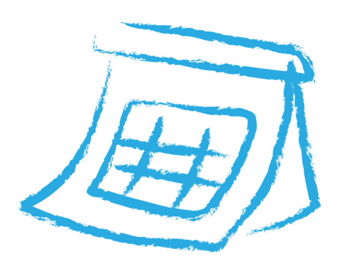 Blue line drawing of a desk calendar with rolled pages.