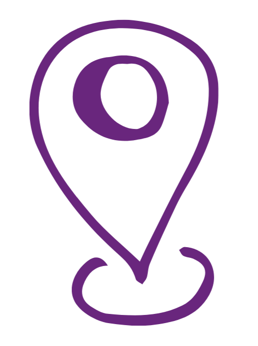 Purple map pin icon with a circular top and a pointed bottom on a black background.