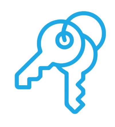 Outline drawing of a set of keys with a circular keyring, depicted in blue.