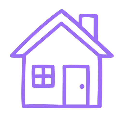 A simple purple line drawing of a house with a window and a door.