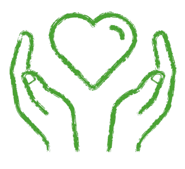 Outline of two hands holding a heart shape, drawn in green lines.