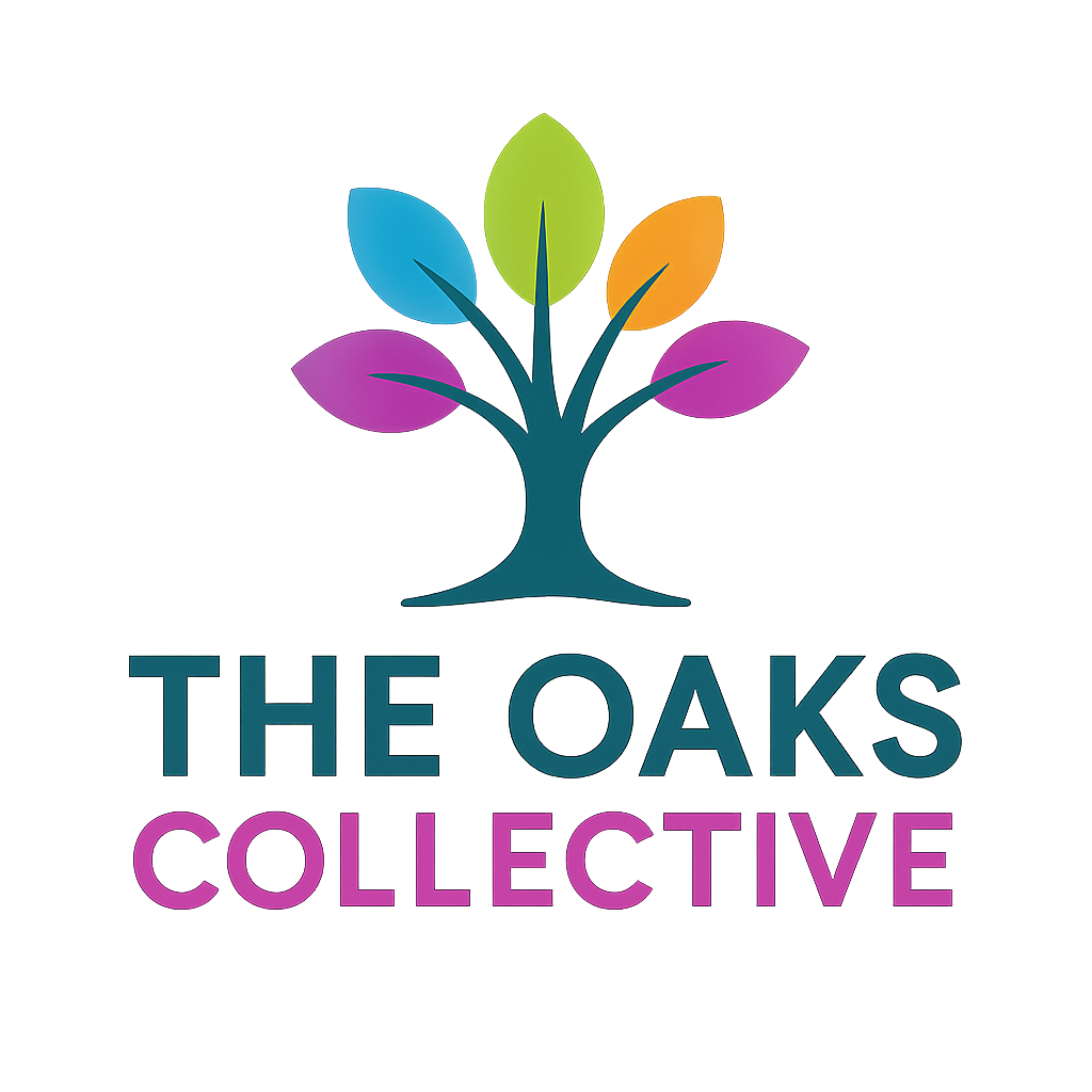 Colorful logo of a tree with leaves in blue, green, orange, and purple, above the text 'THE OAKS COLLECTIVE' with 'THE OAKS' in blue and 'COLLECTIVE' in pink.