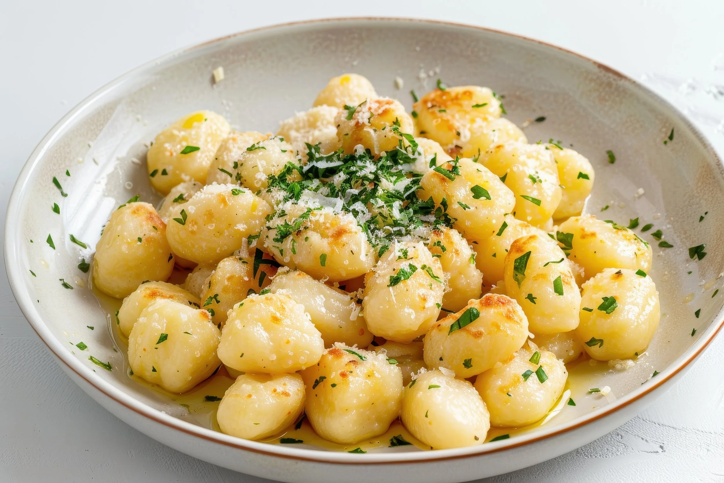 Gnocchi in a shallow, white ceramic bowl, with grated parmesan chesse and parsley.