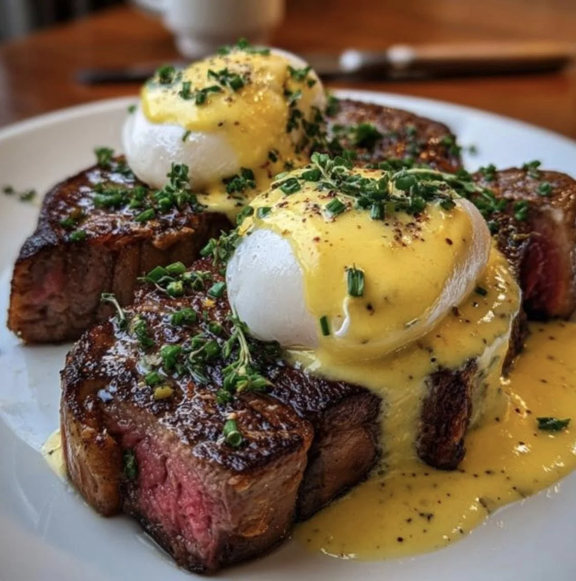 steak with poached eggs and hollandaise sauce