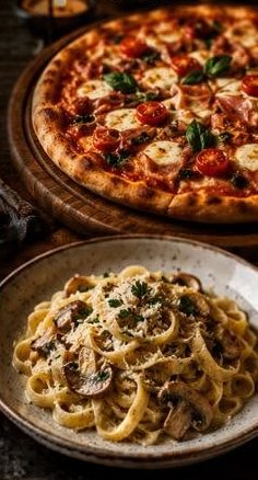 Italian gourmet mushroom fettuccine pasta and a wood-fired pizza.