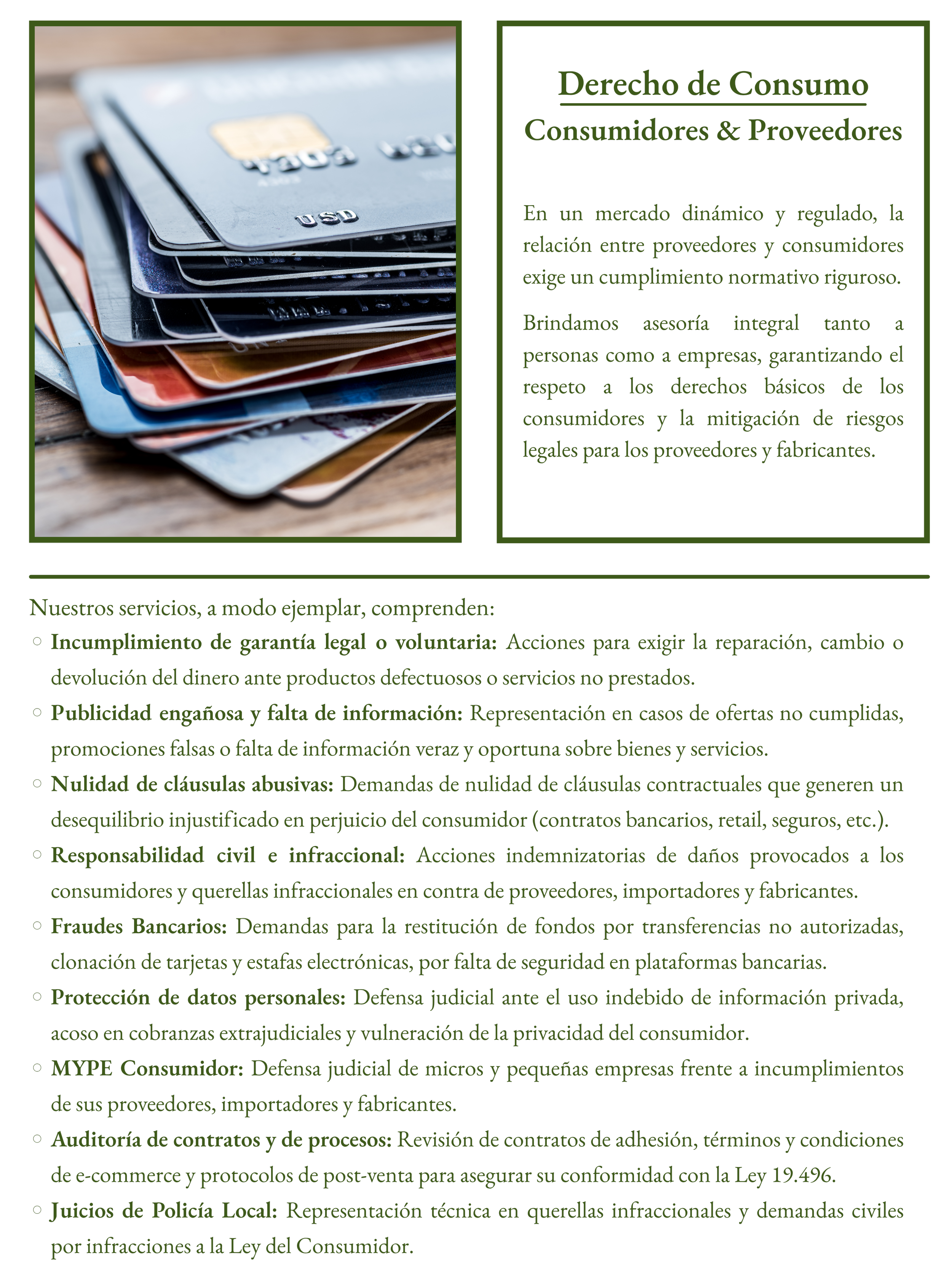 Texto en una presentación sobre derechos de consumo, en un lado hay una pila de tarjetas de crédito y en el otro un texto con detalles sobre responsabilidades, servicios y asesoría para consumidores y proveedores.