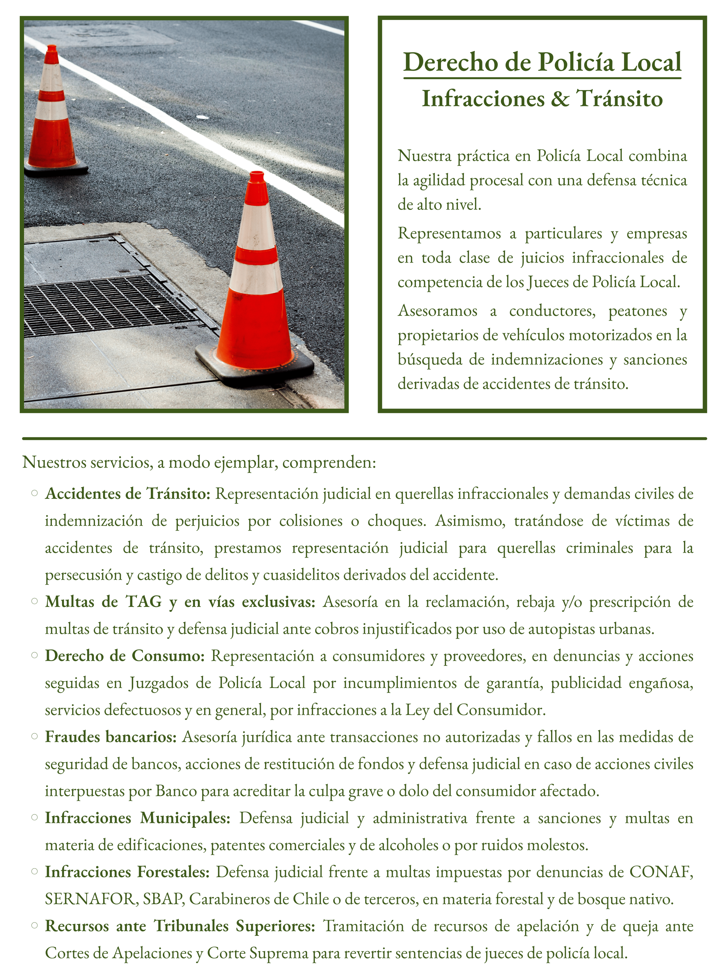 Cartel informativo de servicios legales en materia de infracciones y tránsito, con una imagen de conos de tráfico en la calle y texto en verde sobre fondo verde que describe diferentes áreas de asesoría, incluyendo accidentes de tránsito, multas, derechos de consumo y fraudes bancarios.