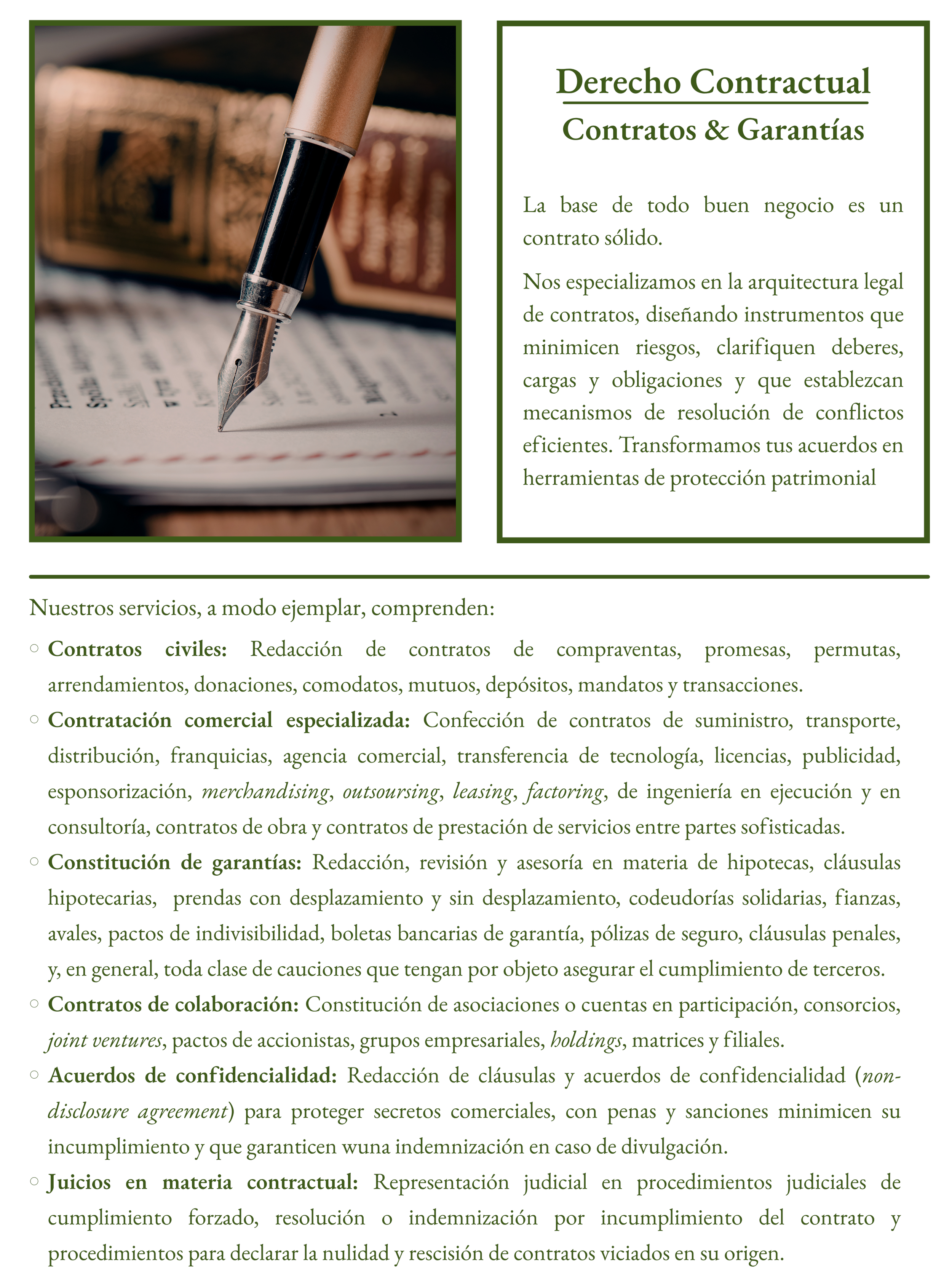 Página de un documento legal con texto en español sobre derecho contractual, contratos y garantías. Imagen de una pluma estilográfica sobre un papel.