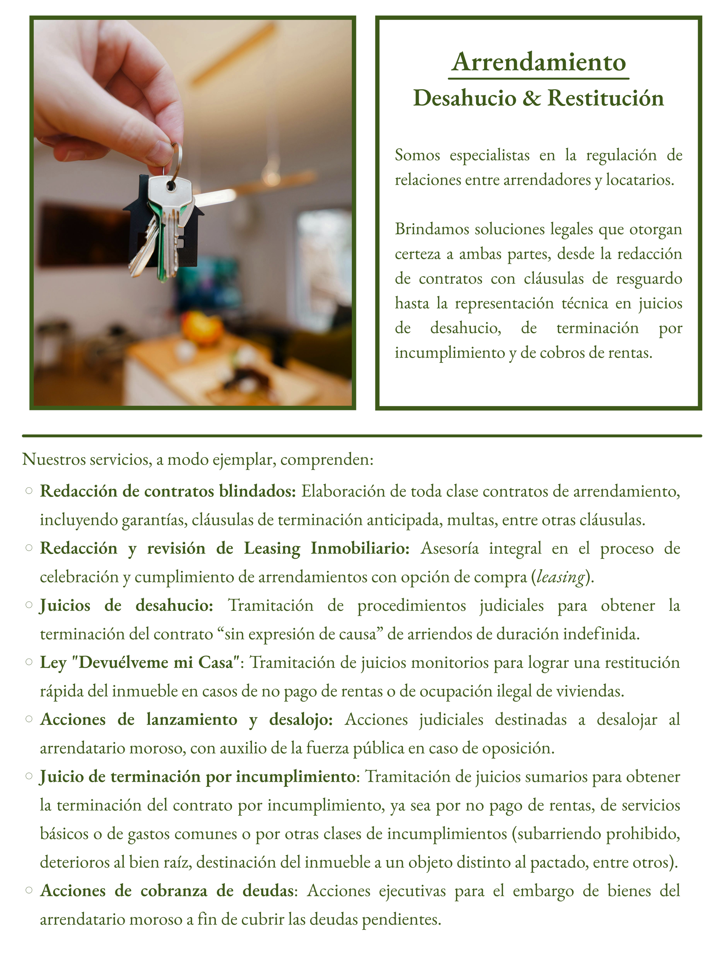 Mano sosteniendo llaves de casa en un fondo de interior de sala. Texto promocional de servicios legales en arrendamiento, desahucio y restitución, con detalles en lista de servicios ofrecidos.