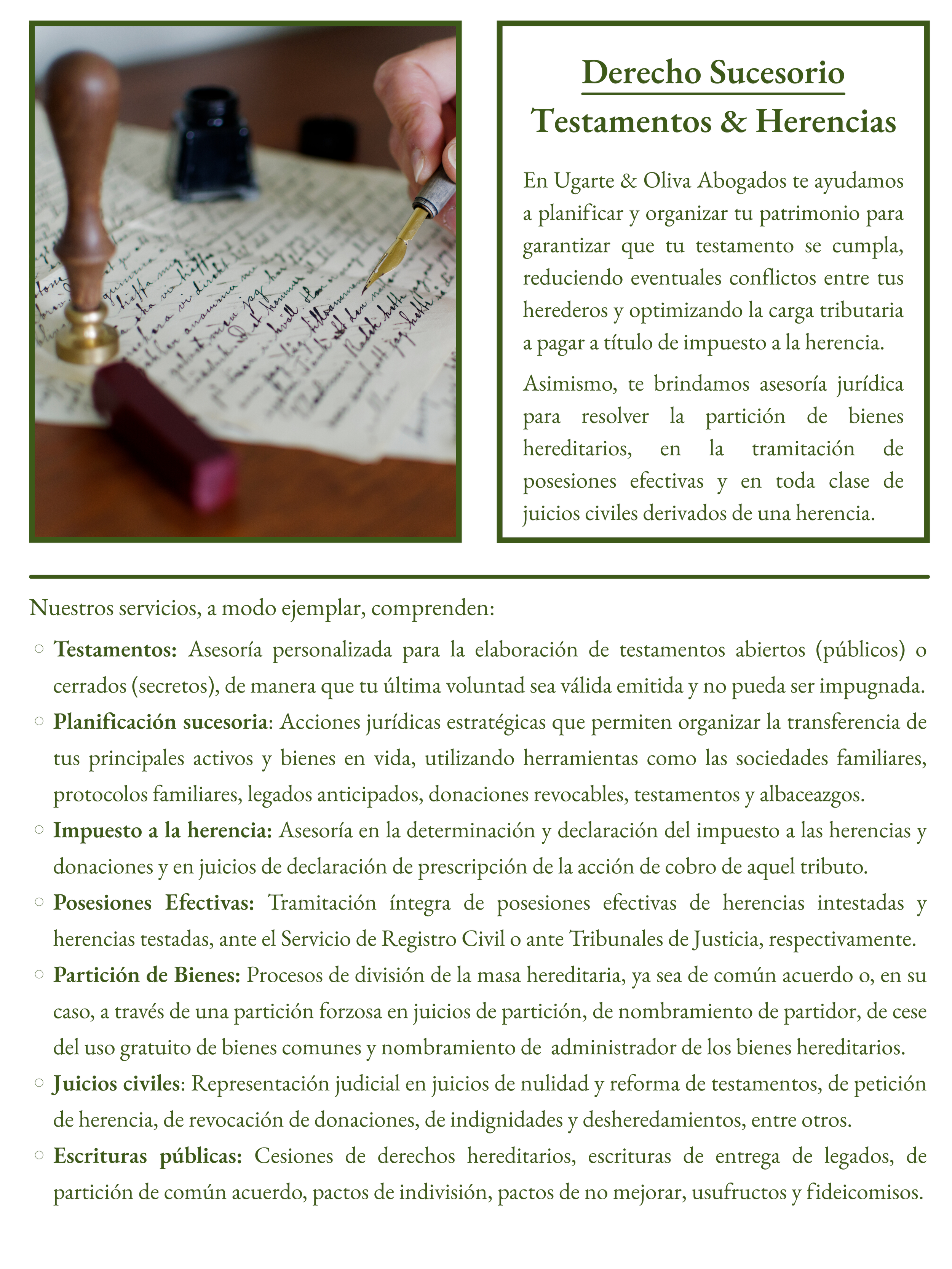 Imagen de documentos y un sello de cera sobre una mesa, junto con un bolígrafo y tinta para firmar documentos legales, relacionados con derecho sucesorio, testamentos y herencias.