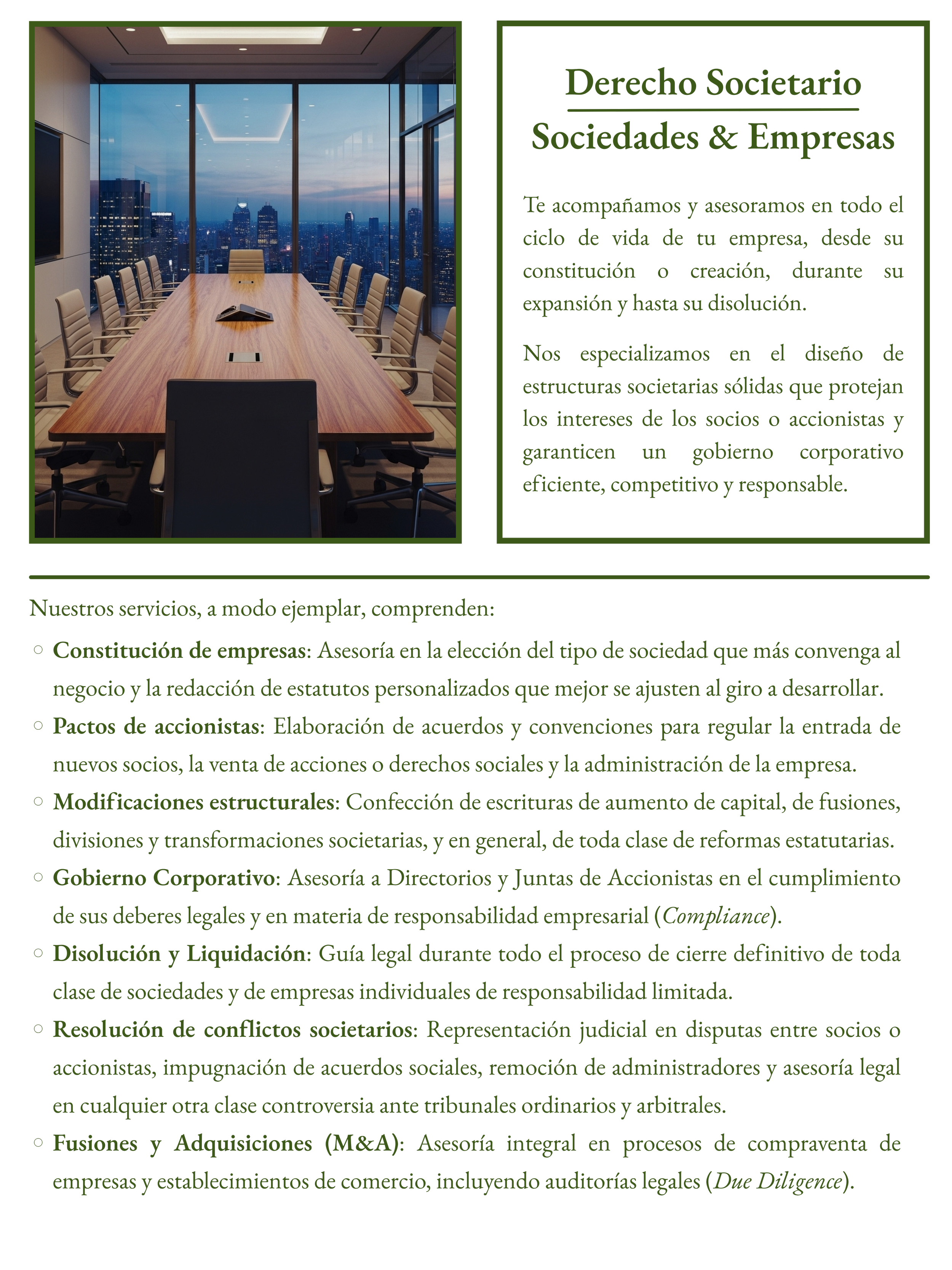 Sala de reuniones con paredes de vidrio y ciudad en el fondo, mesa de madera larga con sillas blancas alrededor y una carpeta en el centro.