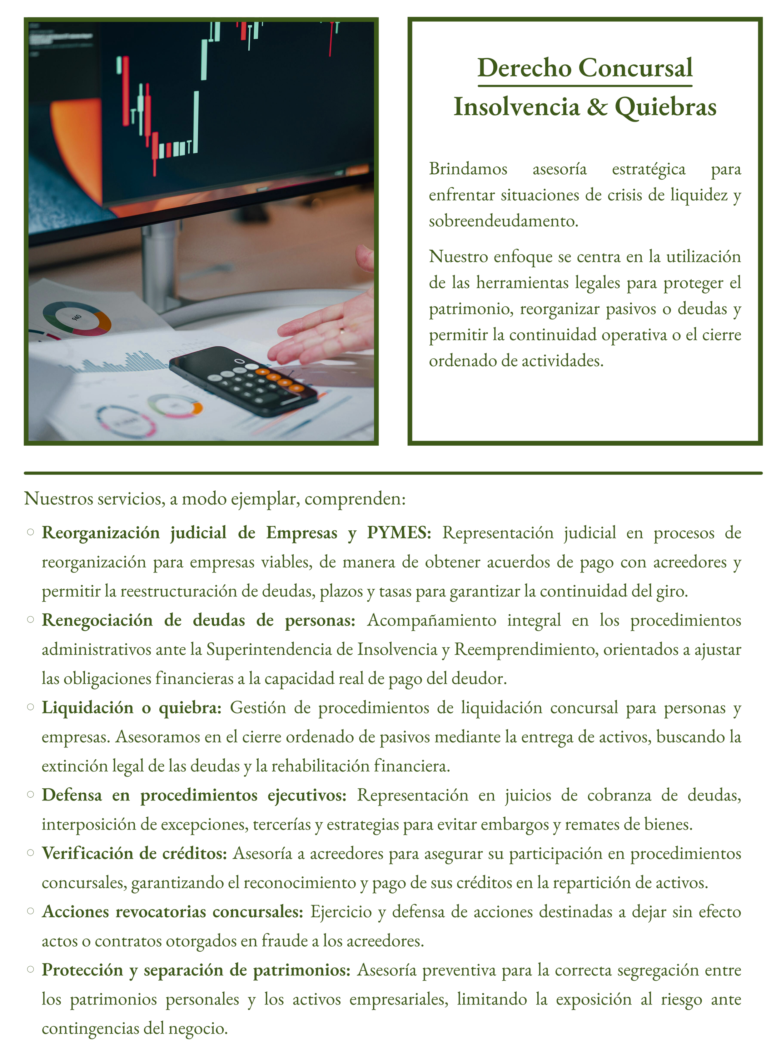 Imagen que muestra una pantalla con gráficos financieros y el texto promocional de servicios legales especializados en derecho concursal, insolvencia y quiebras, en español