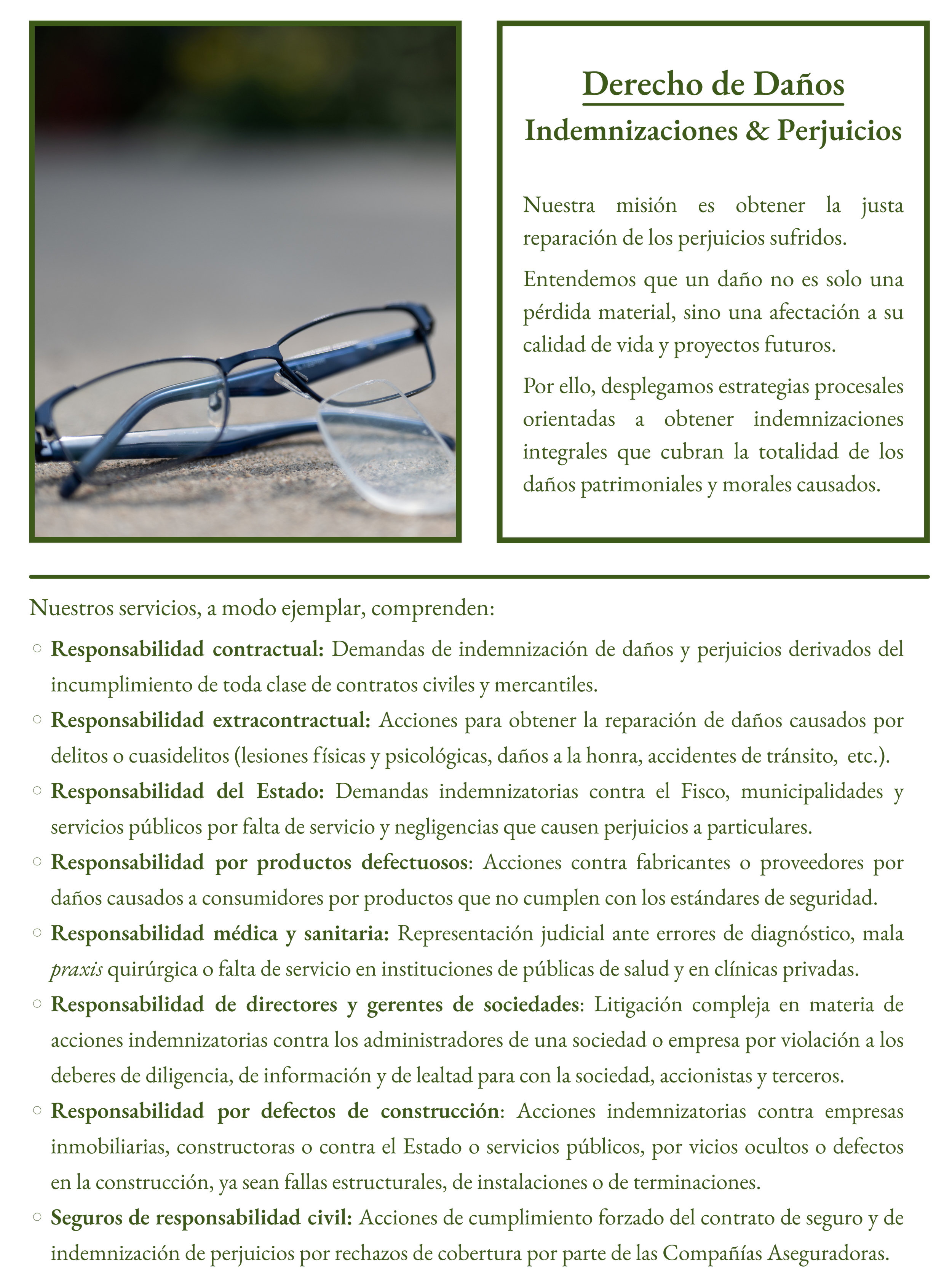 Documento que trata sobre derechos de daños, indemnizaciones y perjuicios, enmarcado en un fondo con texto en verde y resaltado en azul y rojo, junto a un par de gafas con montura azul y cristal roto.