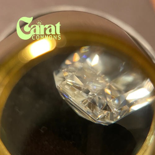 Macro photo of IGI laser inscription on 3.06ct lab-grown radiant cut diamond by The Carat Commons, verifying authenticity and IGI certification